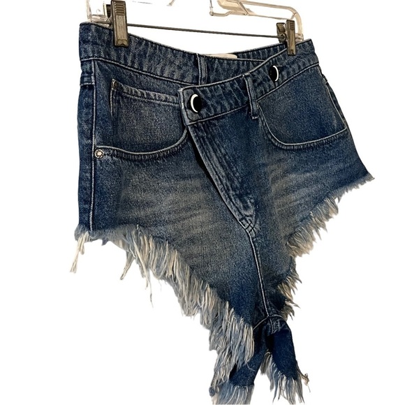 Crossover Waist Fringe Hem High Rise Denim Jean Cutoff Shorts 27 - Picture 3 of 14